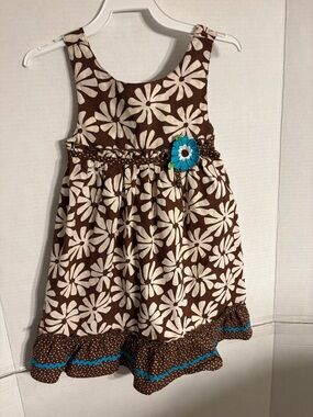 Youngland Brown & Cream Floral Dress with Blue Flower Accent